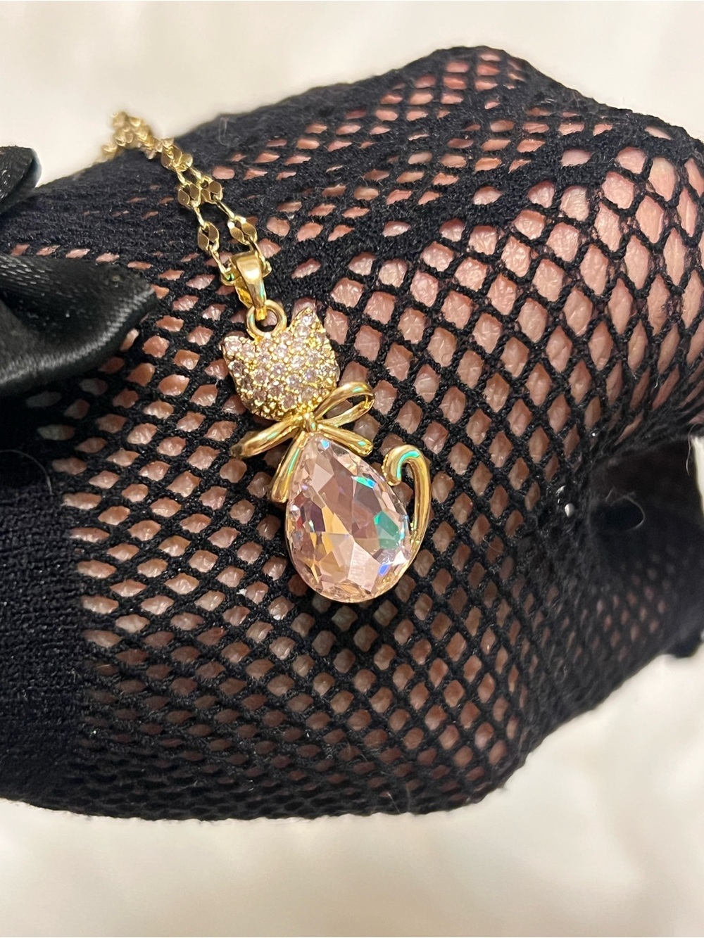 Gold Cat Pendant Necklace with Pink Teardrop Crystal 15 inch’s - Picture 9 of 10